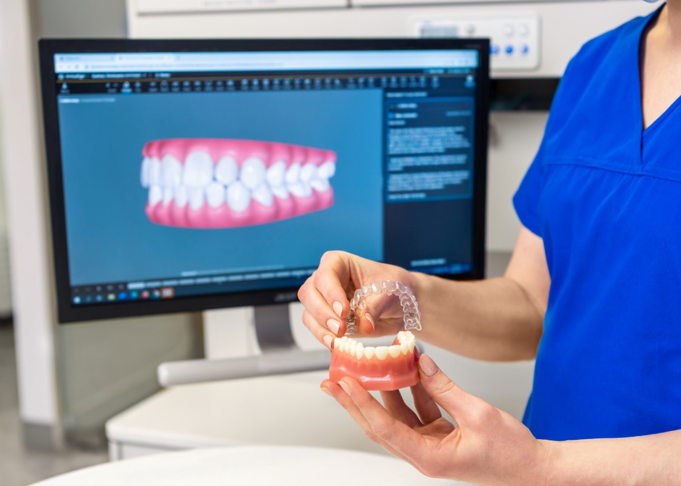 woman holding model teeth and invisalign with computer in the background